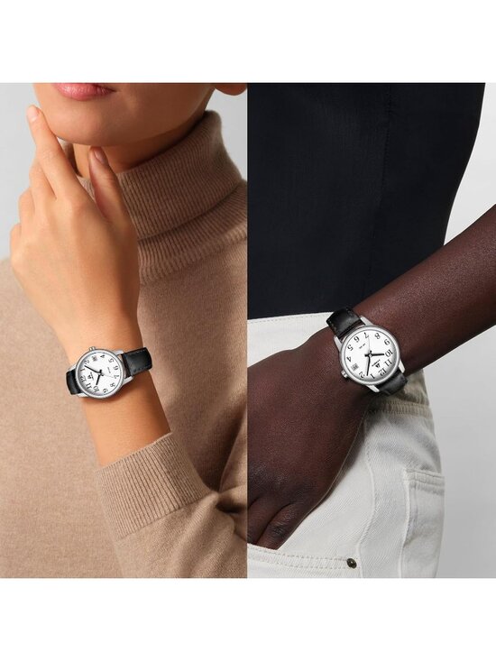 Women\'s Silver Black Leather Strap Analog Quartz Luminous Dial Waterproof Watch
